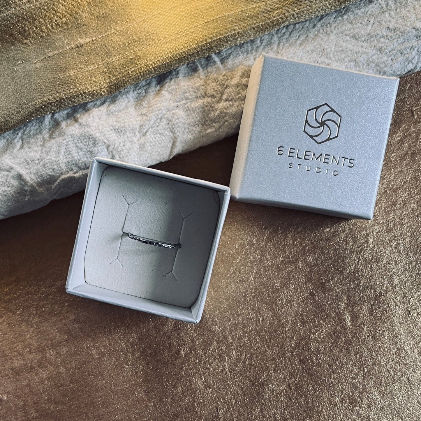 Six Elements Goddess - Earth Silver Stacking Ring in a brand packaging light box - 6 elements Studio
