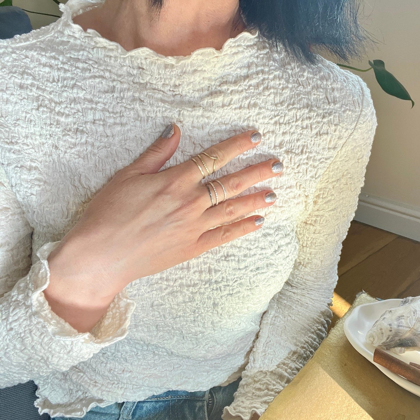 The Six Elements Goddess - Earth Silver Stacking Ring set worn on a hand