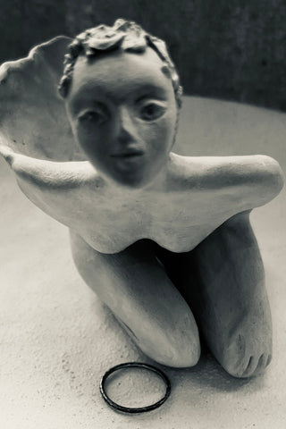 The Six Elements Goddess - Earth Silver Stacking Ring a hand sculpted ceramic angel  black and white photo