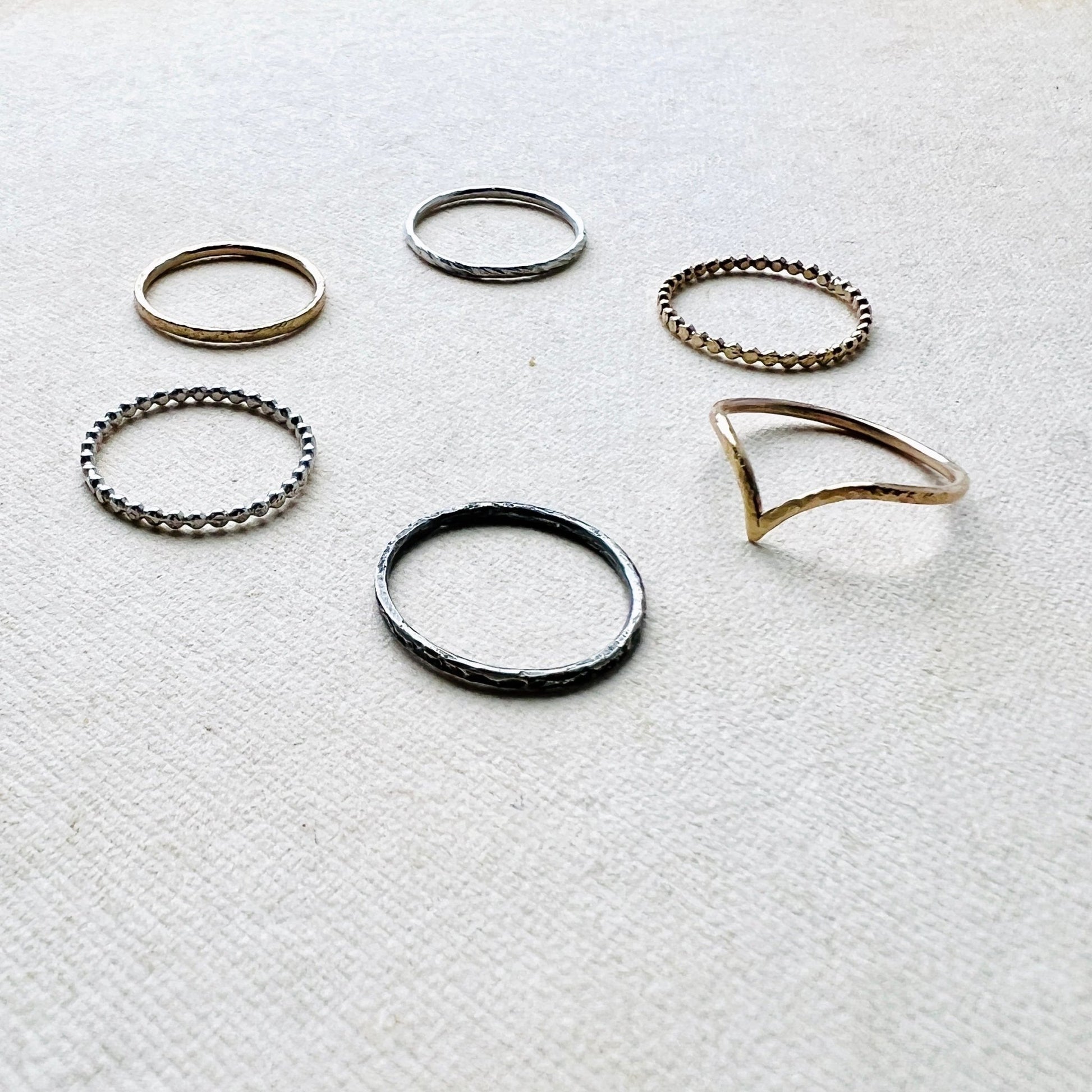 Set of stacking rings of Becoming , featuring The Six Elements Goddess - Earth Silver Stacking Rings - 6 elements Studio