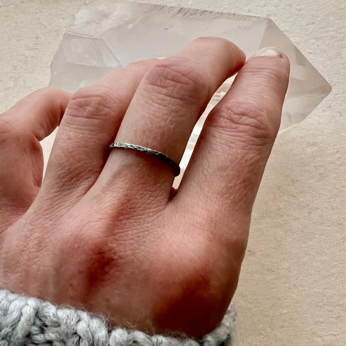 Six Elements Goddess - Earth Silver Stacking Ringworn on a hand - 6 elements Studio