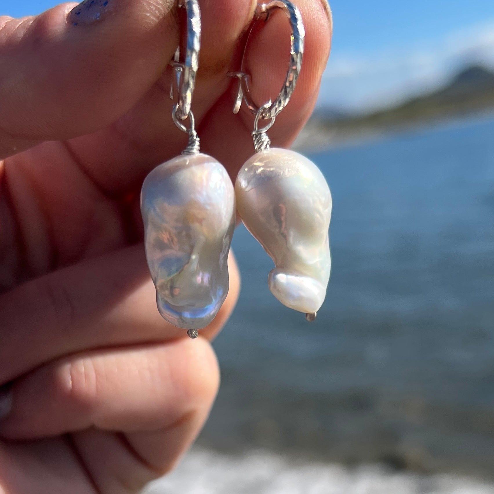 Fireball Pearl Silver Creole Earrings - 6 elements Studio