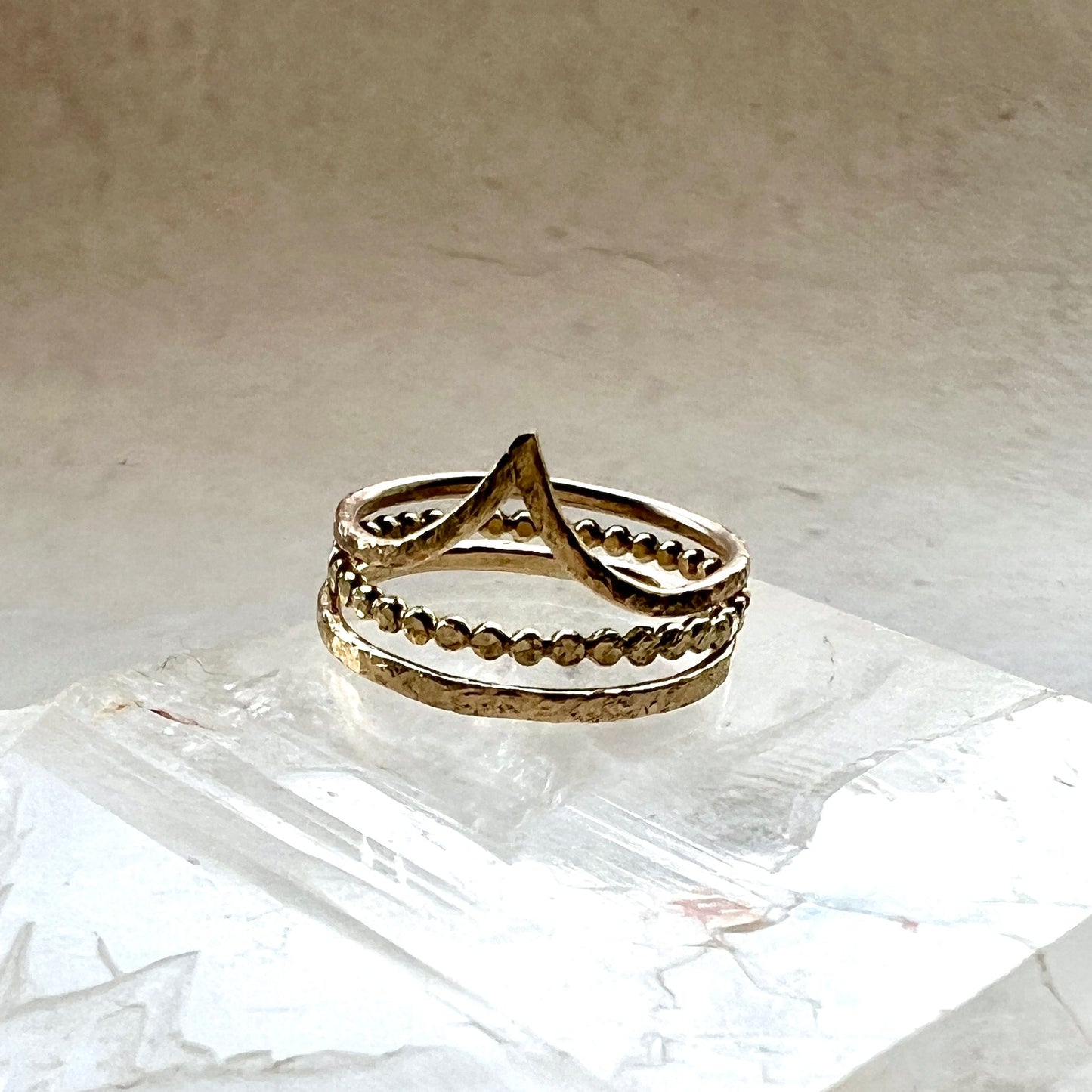 Golden Trinity – 9ct Gold Stacking Ring Set for Fire, Light and Spirit on a crystal handmade in gold - 6 elements Studio