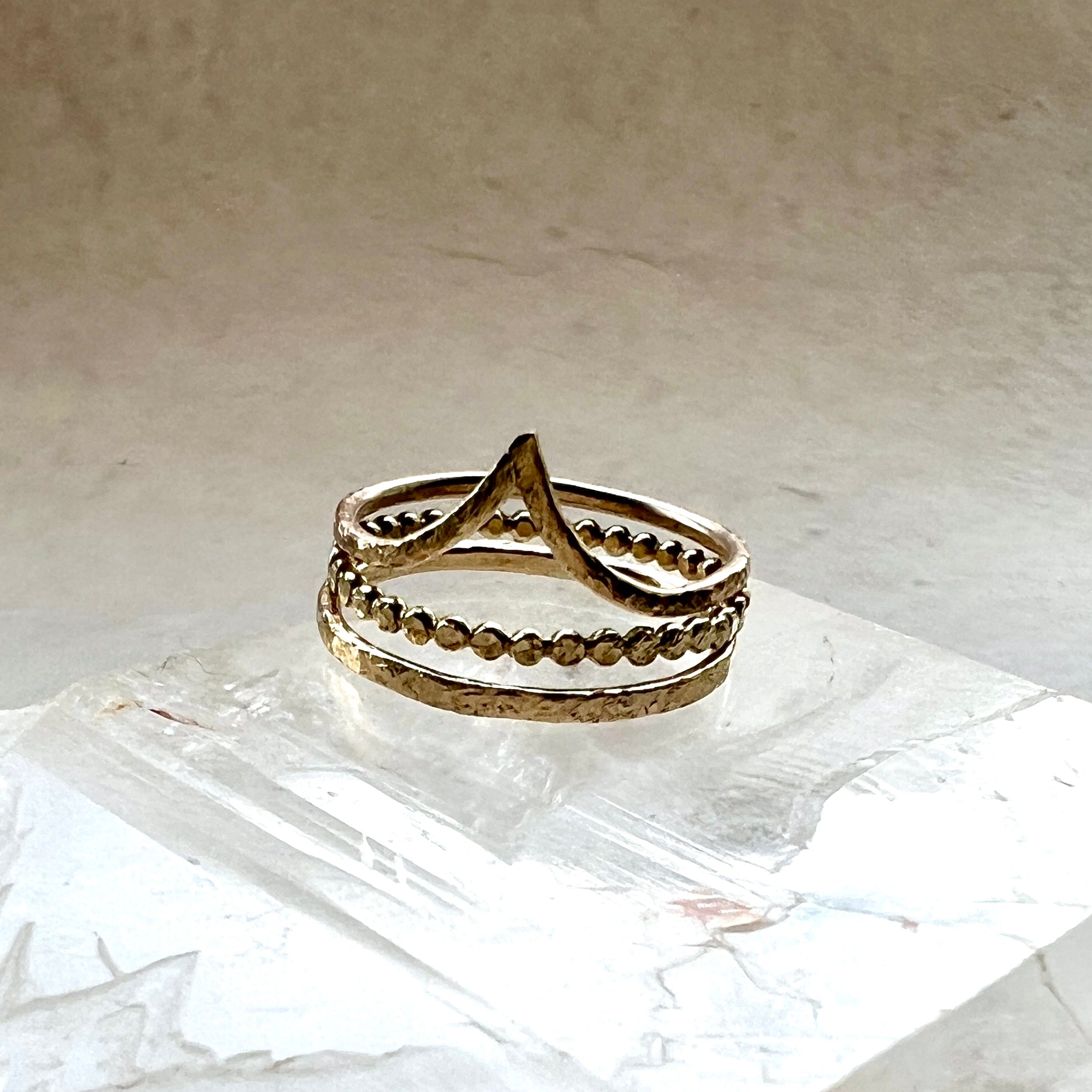 Golden Trinity – 9ct Gold Stacking Ring Set for Fire, Light and Spirit on a crystal handmade in gold - 6 elements Studio