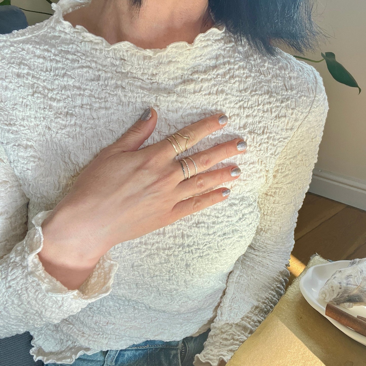 Golden Trinity – Elemental Ring Set Fire, Light and Spirit on a model - 6 elements Studio