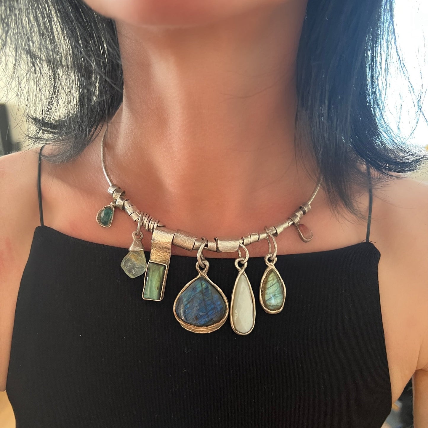 labradorite charms silver necklace - 6 elements Studio