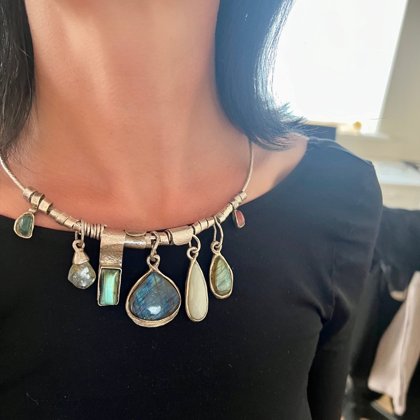 labradorite charms silver necklace - 6 elements Studio