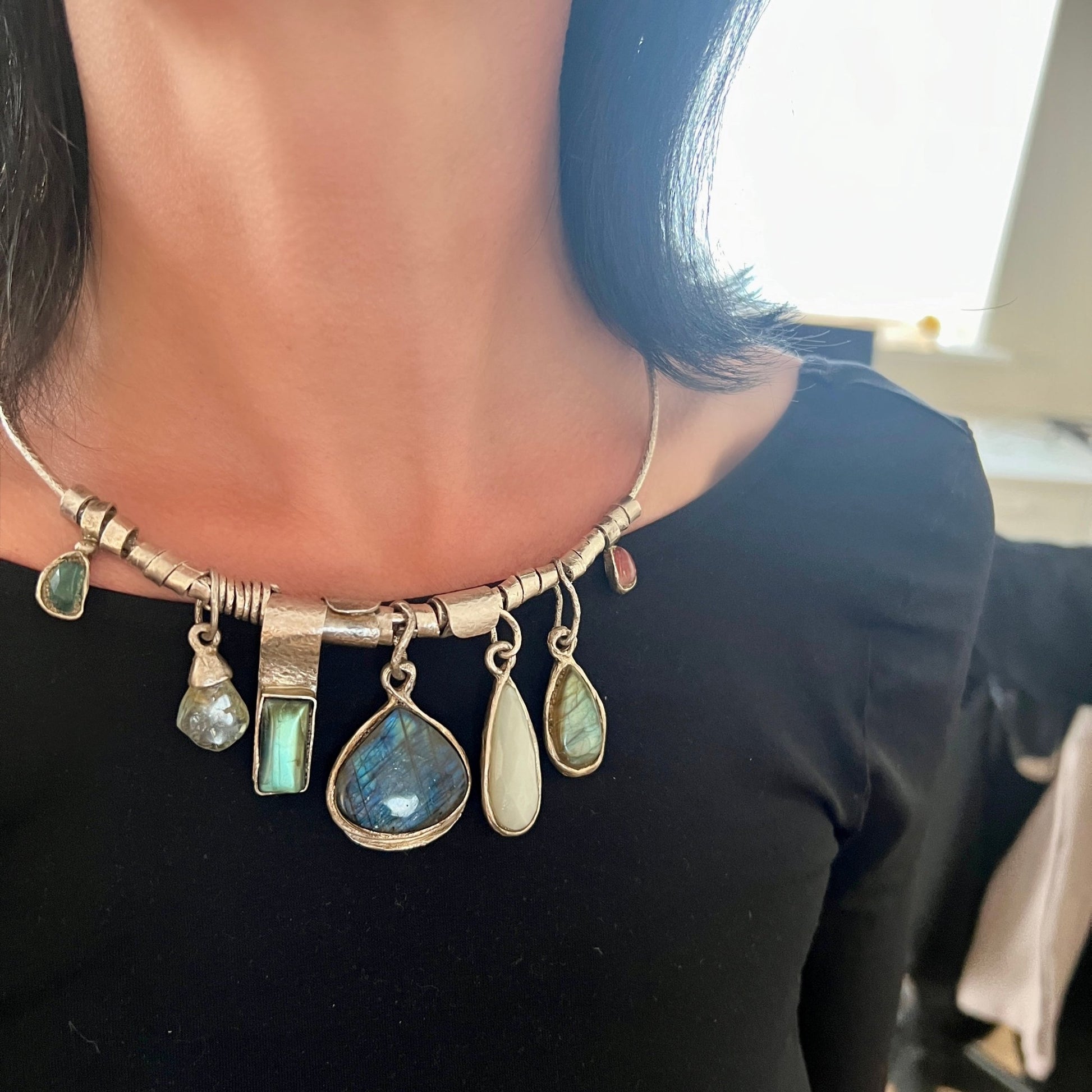 labradorite charms silver necklace - 6 elements Studio