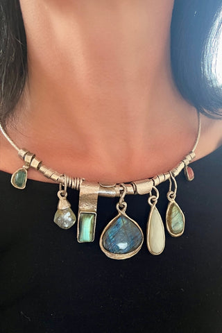 labradorite charms silver necklace - 6 elements Studio