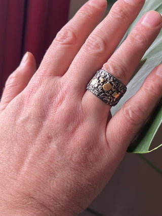 Elemental Alchemist, silver, textured wide band ring with 24ct gold accents. Unique male band from Six elements Studio