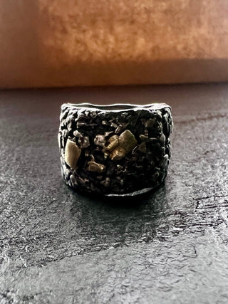 Elemental Alchemist, silver, textured wide band ring with 24ct gold accents. Unique male band from Six elements Studio