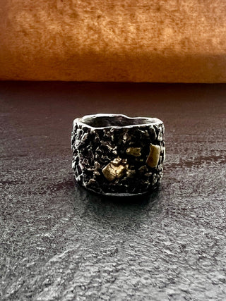Elemental Alchemist, silver, textured wide band ring with 24ct gold accents. Unique male band from Six elements Studio