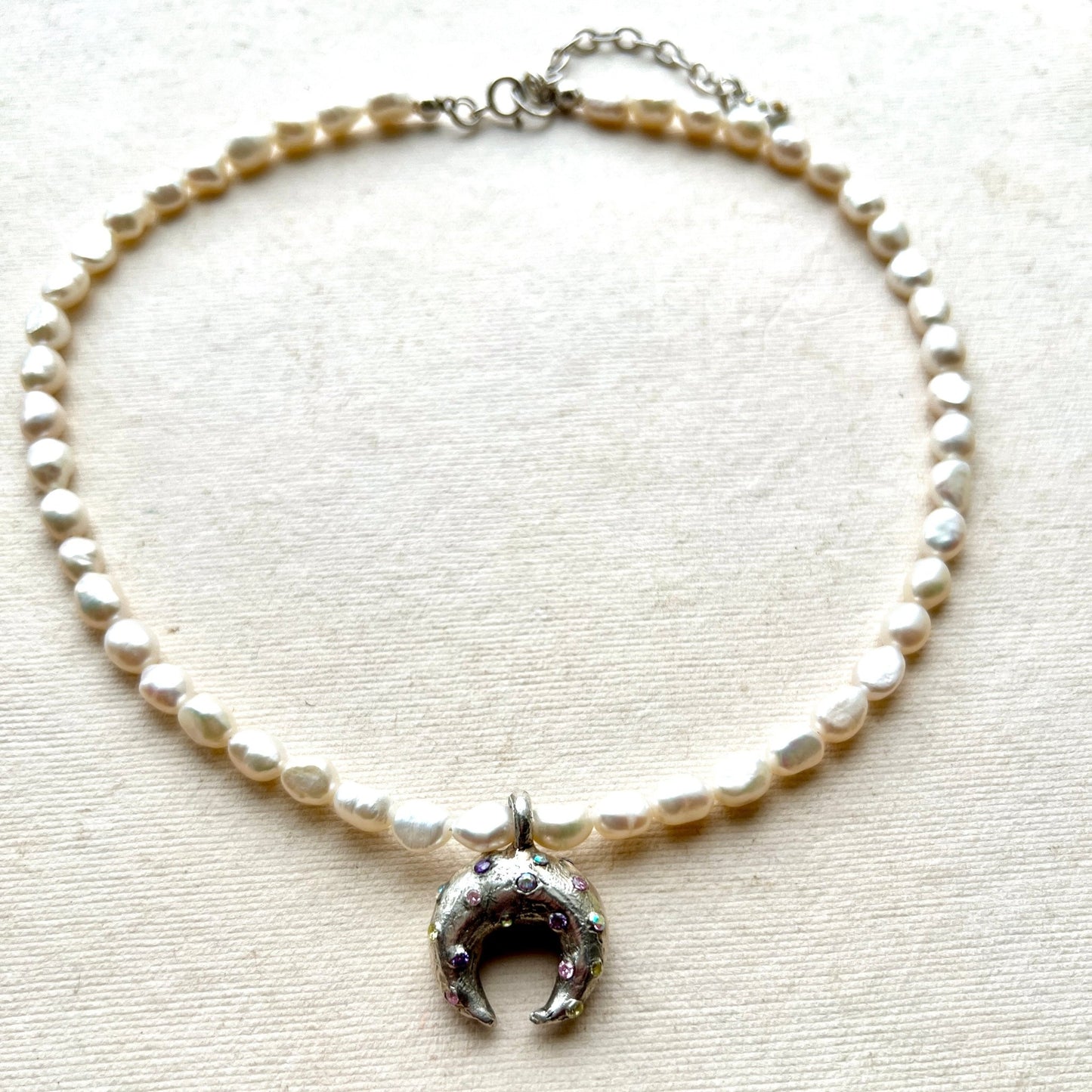 Lunar Horn – Silver Moon Goddess Pearl Necklace - 6 elements Studio