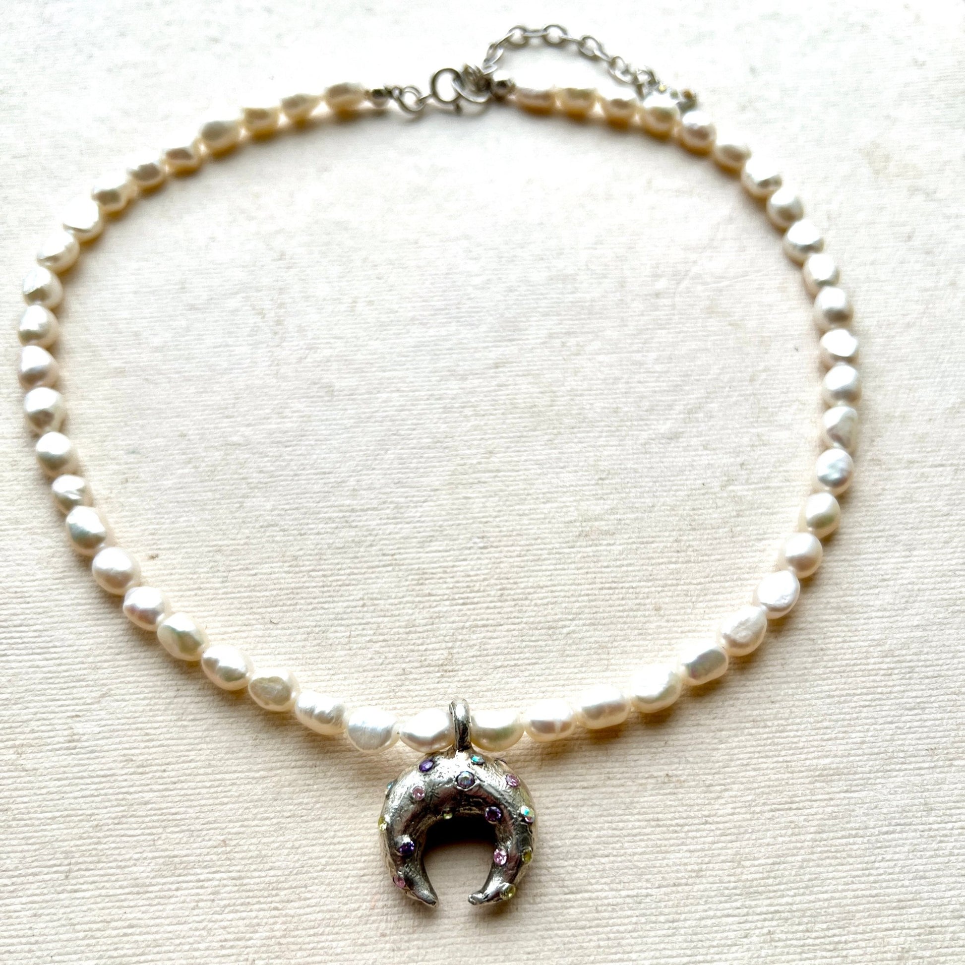 Lunar Horn – Silver Moon Goddess Pearl Necklace - 6 elements Studio