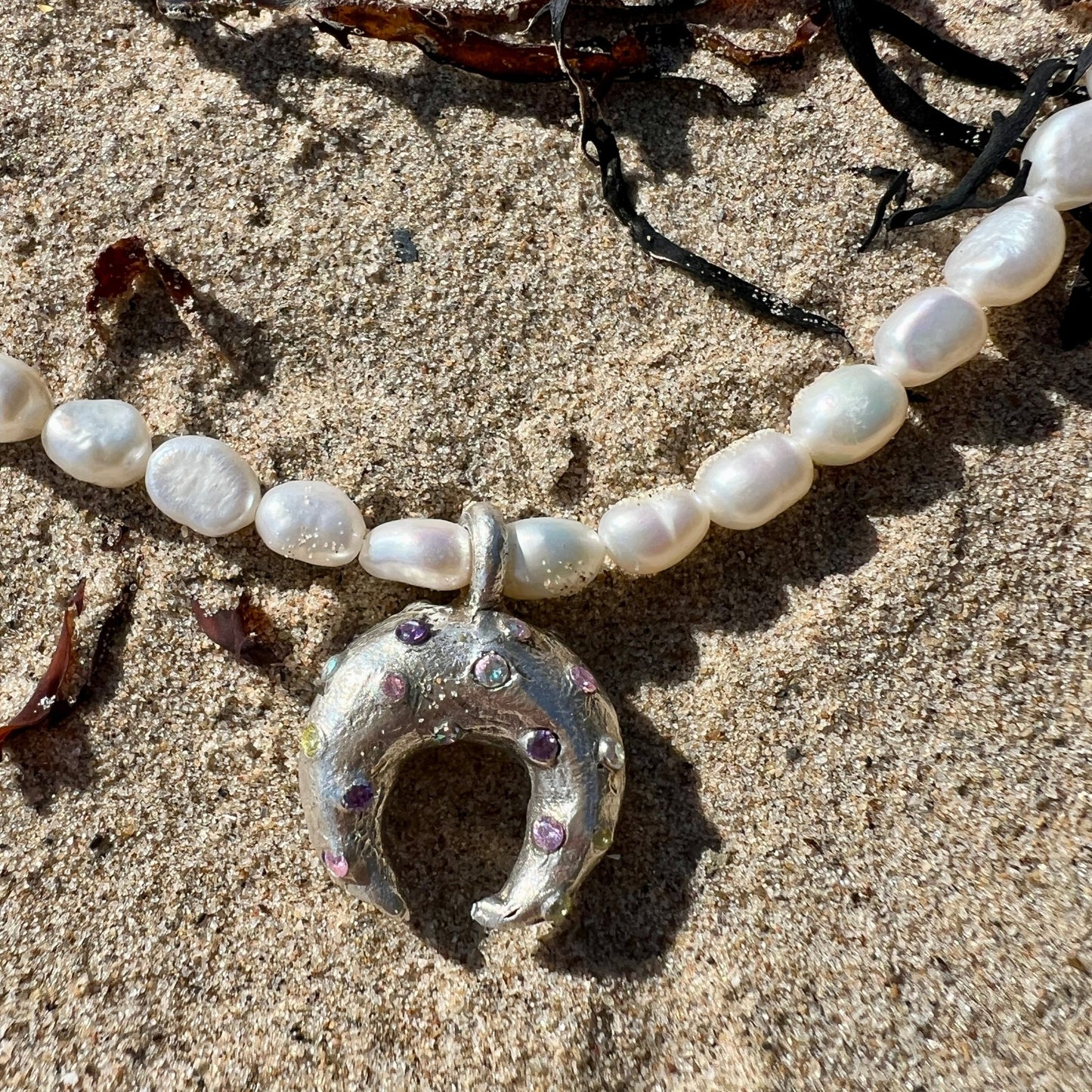 Lunar Horn – Silver Moon Goddess Pearl Necklace - 6 elements Studio