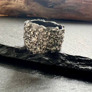 Earth — The Guardian Wide Band Ring in Silver. Handcrafted in fine silver with organic texture.