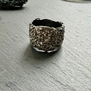Earth — The Guardian Wide Band Ring in Silver. Handcrafted in fine silver with organic texture. - 6 elements Studio