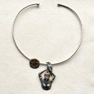 Moon Goddess with a Raven Silver Necklace : Mythic Goddess - 6 elements Studio