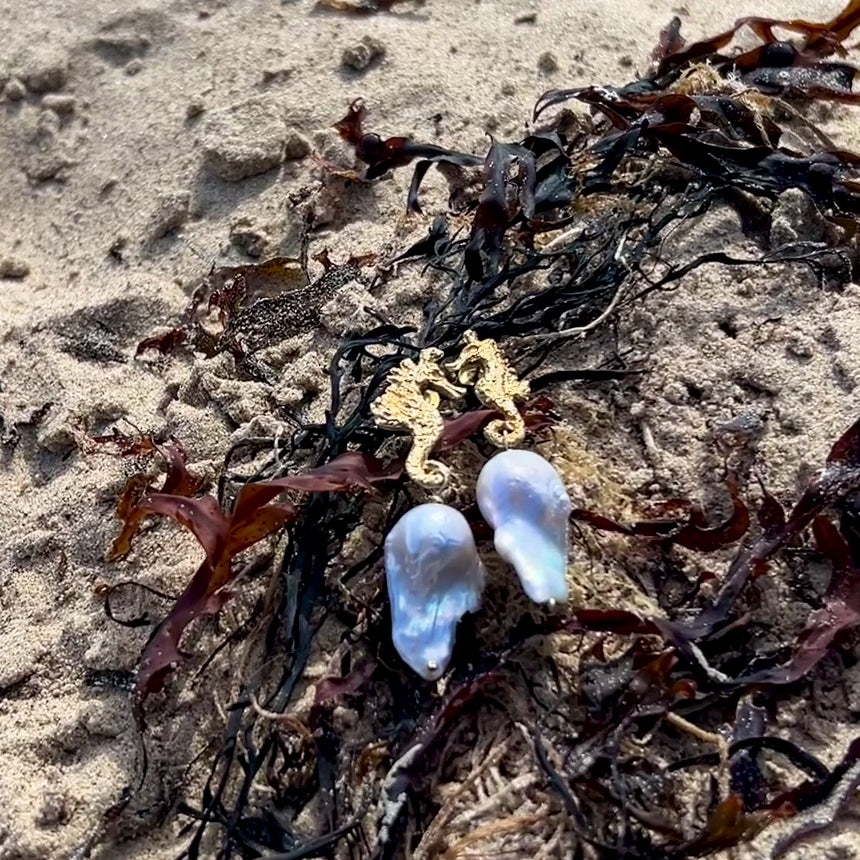 Eternal pair earrings handsculpted silver seahorseswigh huge fireball pearls