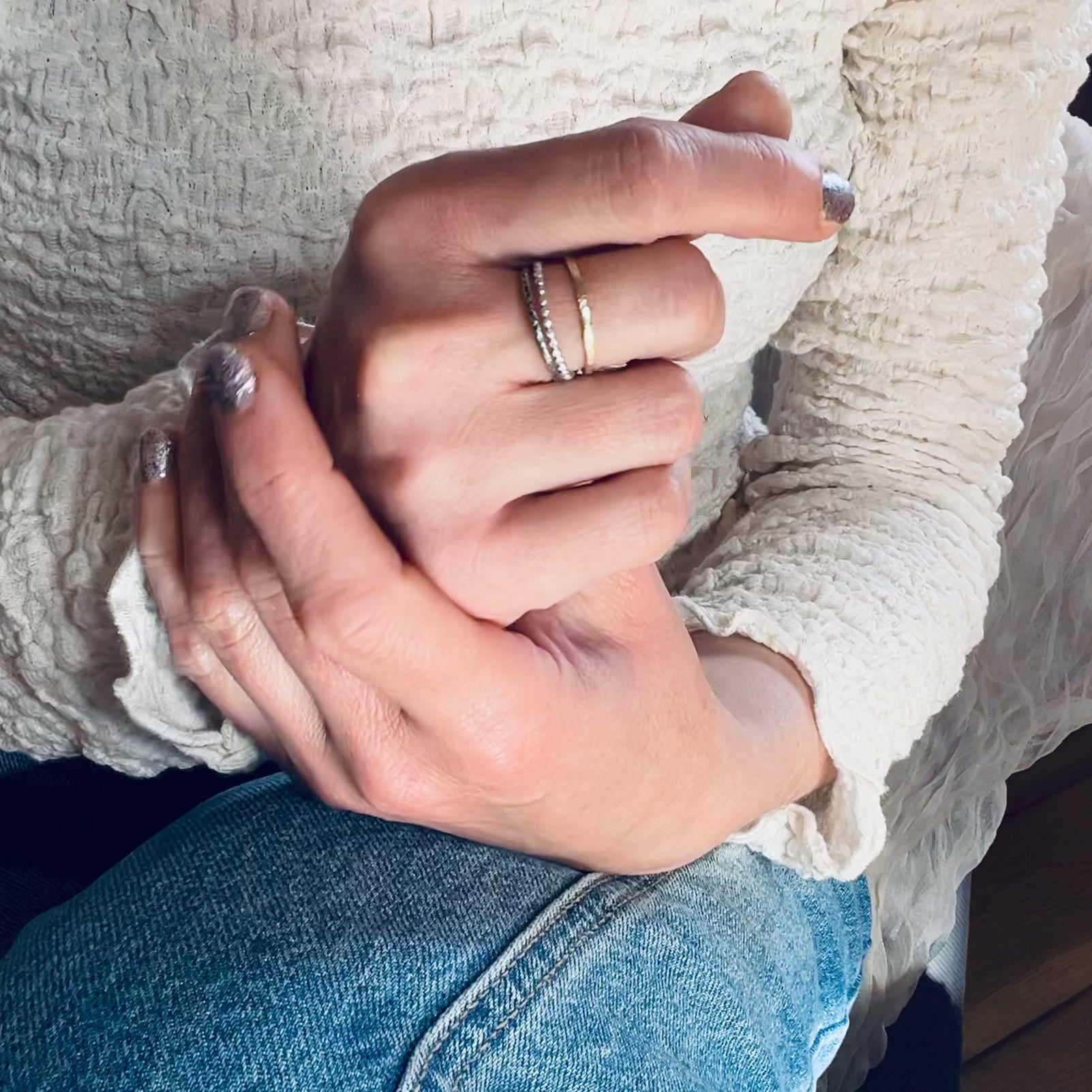 Water silver  stacking ring stacked with two other stacking rings from Six Elements Goddess Collecion 