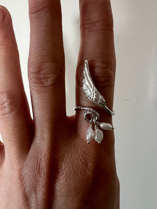 Sculptural Wing Ring with Triple Pearl Charms - 6 elements Studio