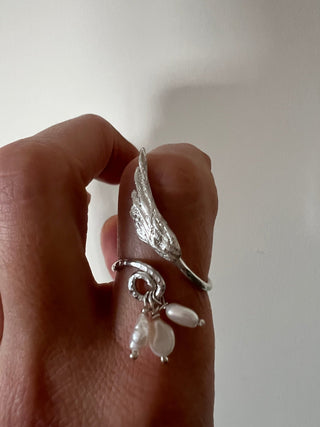 Sculptural Wing Ring with Triple Pearl Charms - 6 elements Studio