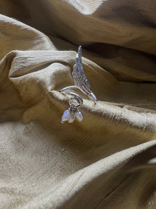 Sculptural Wing Ring with Triple Pearl Charms - 6 elements Studio