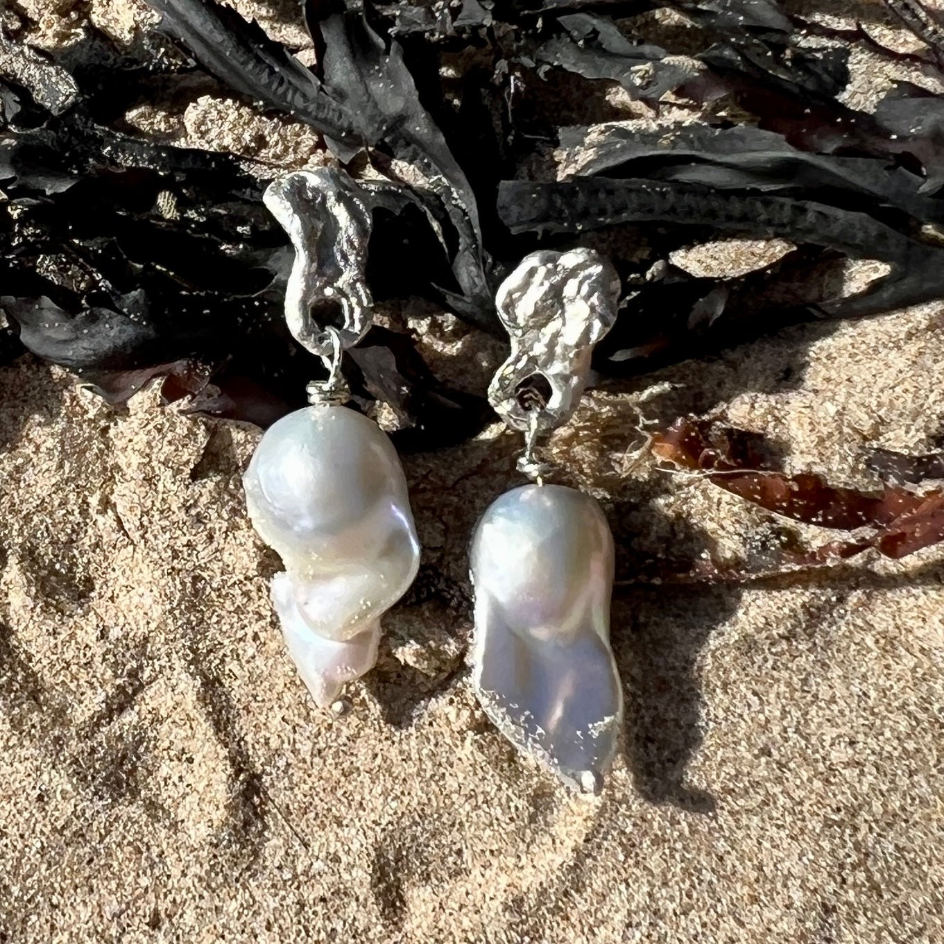 Seafoam , Fireball pearls Silver Earrings — Mythic Goddess Collection - 6 elements Studio