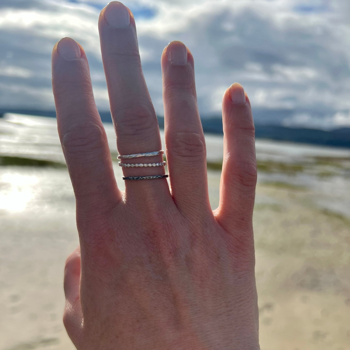 Silver Trinity – Elemental Ring Set: Earth, Water and Air wqorn on a hand - 6 elements Studio