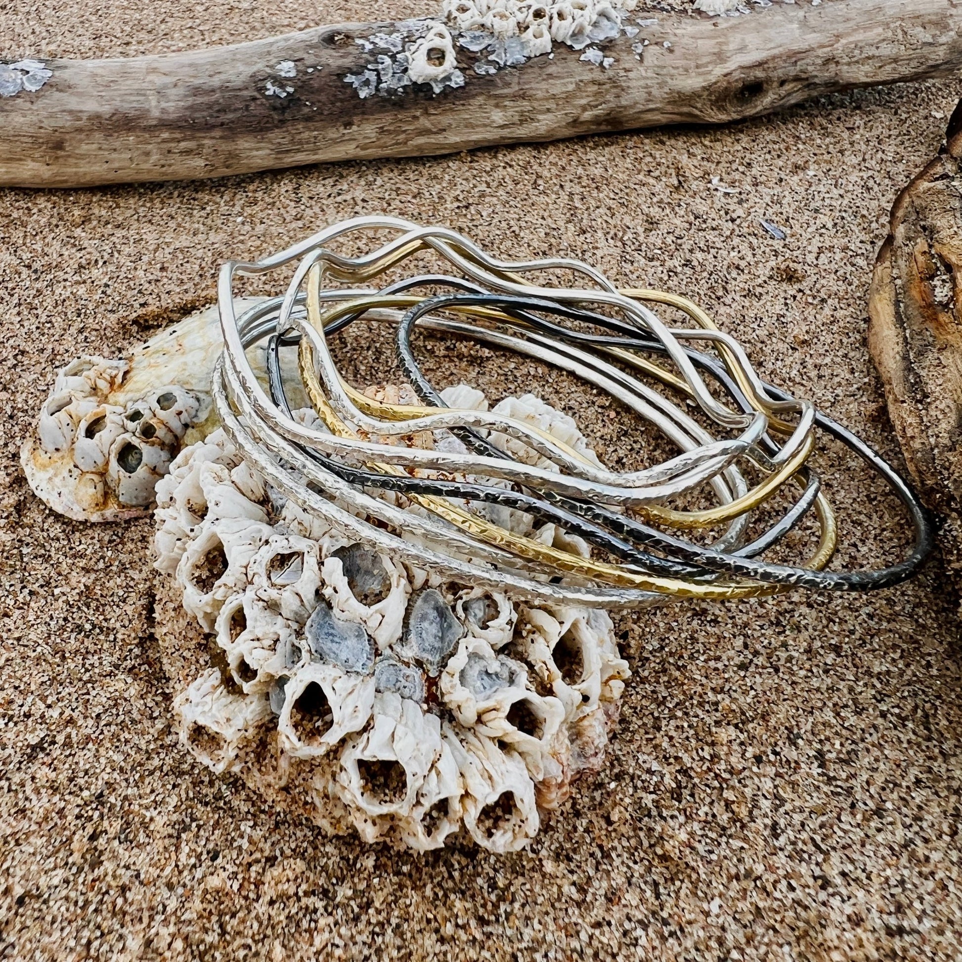 Silver Bangles Set – 6 Elemental Archetypes: textured and wavy bangles inspired by Earth, Water, Fire, Air, Light & Spirit.