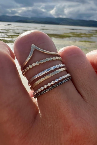 The Rings of Becoming – Stacking Ring Set in Gold and Silver worn on a hand - 6 elements Studio