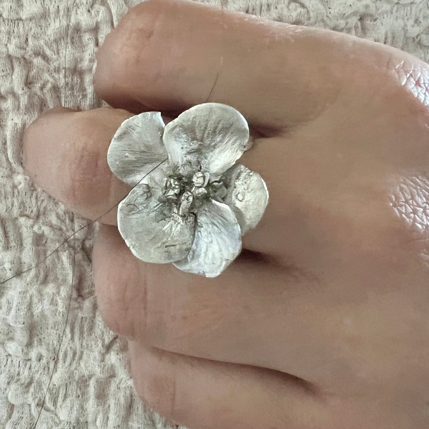 Unique Silver Hibiscus Flower Adjustable Ring - 6 elements Studio
